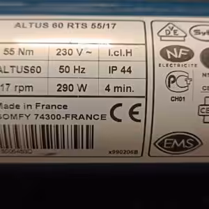 Somfy Altus 60 RTS 55/17 type plate